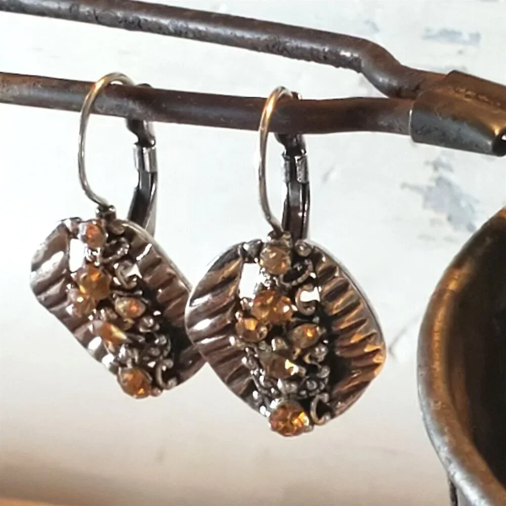 Vintage Amber Color Crystals Antique Silver Art Nouveau Style Leverback Earrings